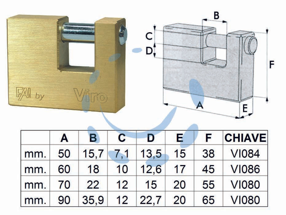 Lucchetto rettangolare in ottone fai by viro - mm.90 (art.507) - corpo monoblocco in ottone massiccio trafilato satinato, asta in acciaio cementato temperato nichelato e cromato, chiusura a ...
