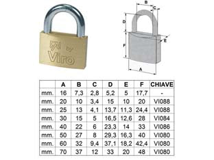 Lucchetto arco normale fai by viro - mm.16 (art.550) - corpo monoblocco in ottone massiccio satinato, arco in acciaio cementato temperato cromato, chiusura a scatto, dotazione 2 ch...