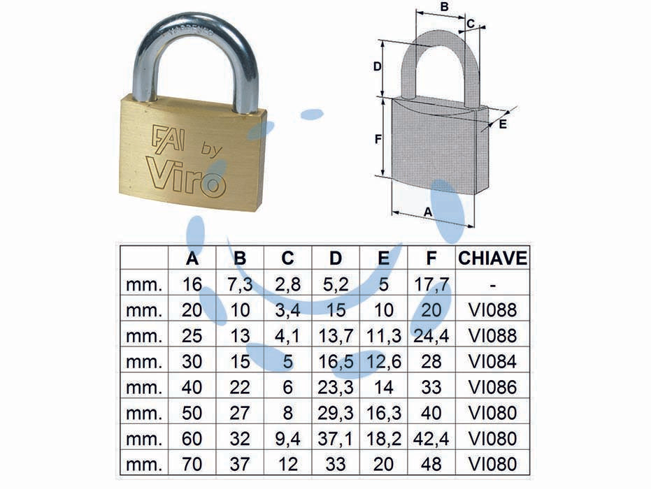 Lucchetto arco normale fai by viro - mm.70 (art.557) - corpo monoblocco in ottone massiccio satinato, arco in acciaio cementato temperato cromato, chiusura a scatto, dotazione 2 ch...