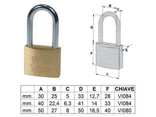 Lucchetto arco lungo fai by viro - mm.30 (art.553.32) - corpo monoblocco in ottone massiccio satinato, arco in acciaio cementato temperato cromato, chiusura a scatto, dotazione 2 ch...