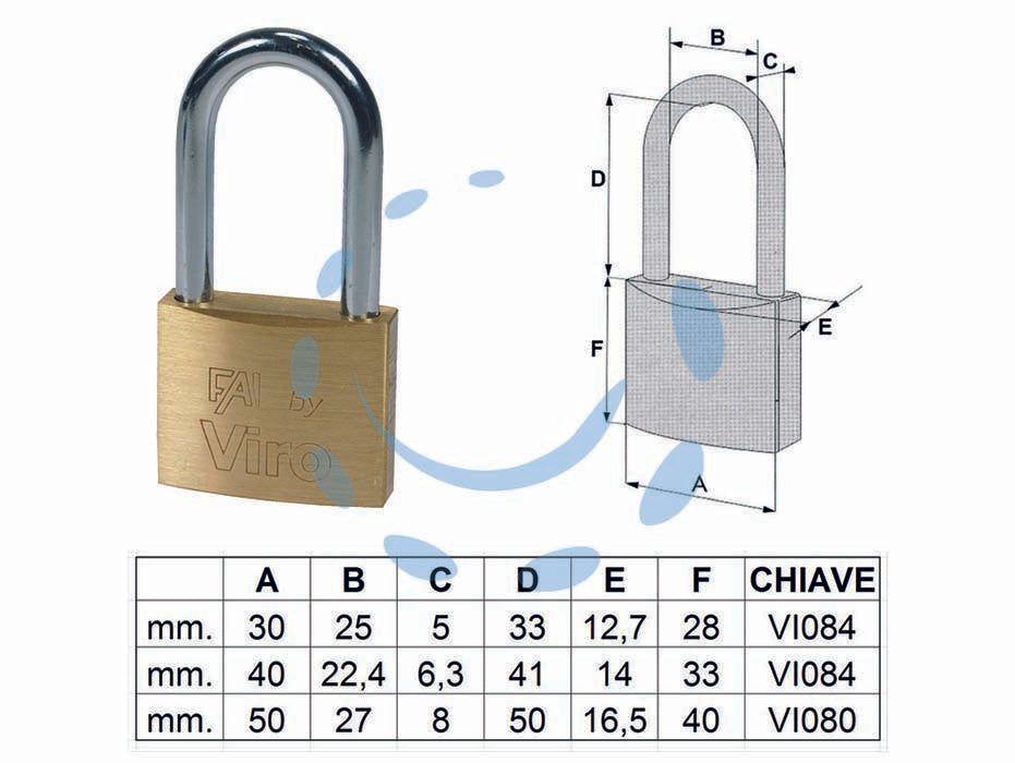 Lucchetto arco lungo fai by viro - mm.50 (art.555.49) - corpo monoblocco in ottone massiccio satinato, arco in acciaio cementato temperato cromato, chiusura a scatto, dotazione 2 ch...