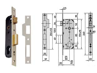 Serratura da infilare a cilindro 1 mandata 7435 - mm.25 (7435.25) - scatola completamente chiusa in acciaio verniciato con fori passanti a norma DIN per l'applicazione di rosette di sicurezza, ...