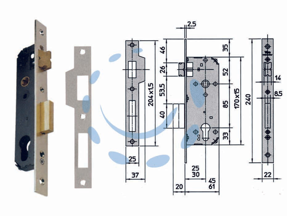 Serratura da infilare a cilindro 1 mandata 7435 - mm.25 (7435.25) - scatola completamente chiusa in acciaio verniciato con fori passanti a norma DIN per l'applicazione di rosette di sicurezza, ...