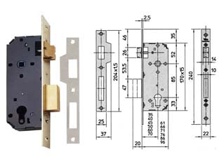 Serratura da infilare a cilindro 2 mandate 7435 - mm.35 (7435.35) - scatola completamente chiusa in acciaio verniciato con fori passanti a norma DIN per l'applicazione di rosette di sicurezza, ...