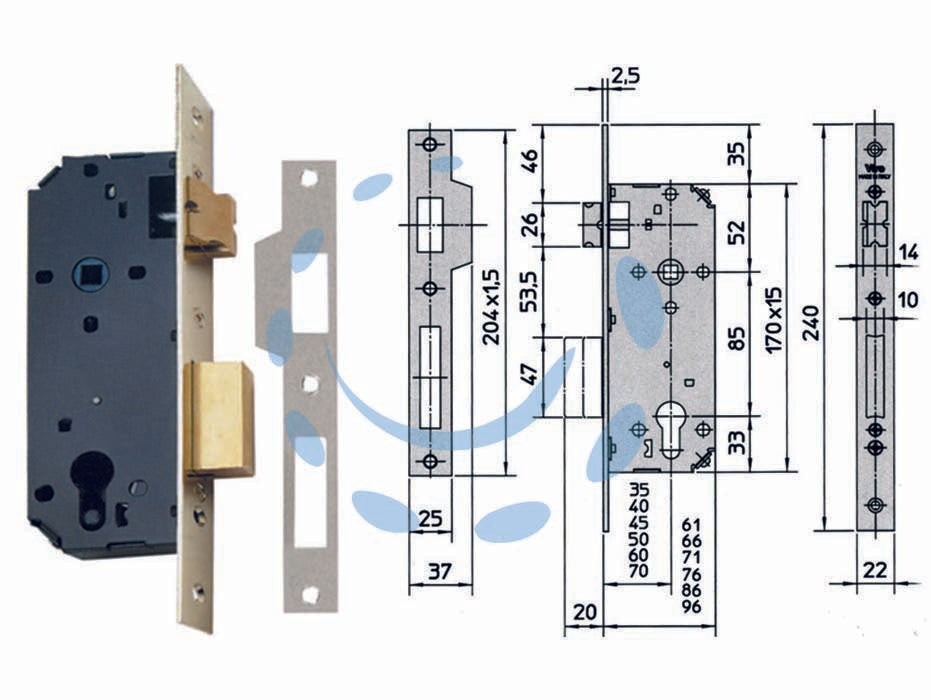 Serratura da infilare a cilindro 2 mandate 7435 - mm.35 (7435.35) - scatola completamente chiusa in acciaio verniciato con fori passanti a norma DIN per l'applicazione di rosette di sicurezza, ...