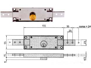 Serratura cilindro fisso tondo centrale 8231 - mm.155x15x55h. dotazione 2 chiavi (8231.9) - scatola in acciaio zincato, catenacci rinforzati acciaio di spessore mm.2, ripegati su loro stessi in modo da ottenere uno sp...