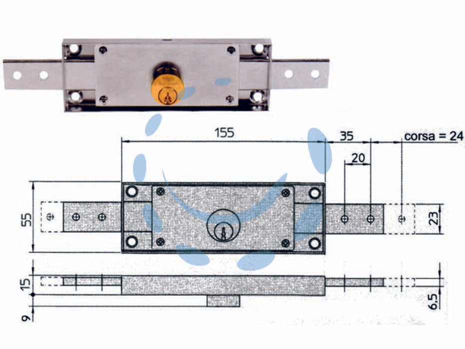 Serratura cilindro fisso tondo centrale 8231 - mm.155x15x55h. dotazione 2 chiavi (8231.9) - scatola in acciaio zincato, catenacci rinforzati acciaio di spessore mm.2, ripegati su loro stessi in modo da ottenere uno sp...