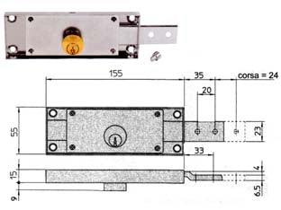 Serratura per serranda laterale cilindro fisso tondo - SX mm.155x15x55h. (8233.9) - scatola in acciaio zincato, catenacci rinforzati acciaio di spessore mm.2, ripegati su loro stessi in modo da ottenere uno sp...