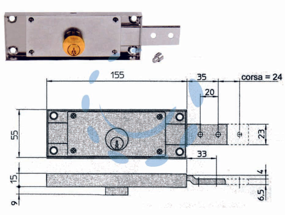 Serratura per serranda laterale cilindro fisso tondo - SX mm.155x15x55h. (8233.9) - scatola in acciaio zincato, catenacci rinforzati acciaio di spessore mm.2, ripegati su loro stessi in modo da ottenere uno sp...