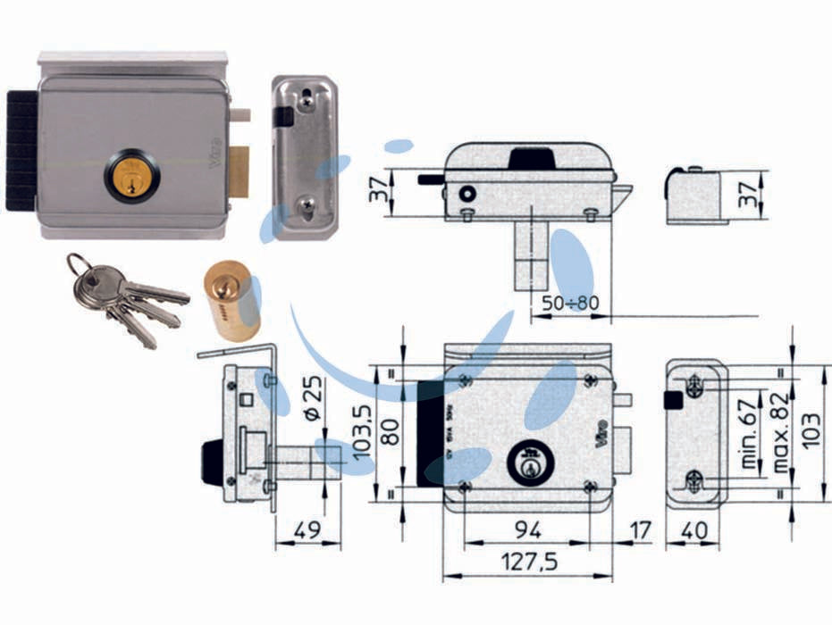 Elettroserratura per cancelli con tetto 8992 - mm.50/80 DX (8992.1) - scatola e bocchetta in acciaio zincato, tensione 12v AC, scrocco autobloccante, entrata regolabile con una semplice operazion...