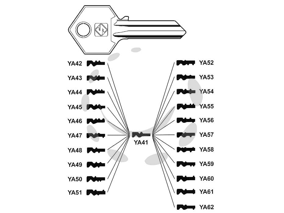 Chiavi per cilindri yale 5 spine grandi ya41 - YA41 - in ottone nichelato, profilo dorsato, questo profilo è adatto per duplicare chiavi da YA42 a YA62 (vedi immagine)