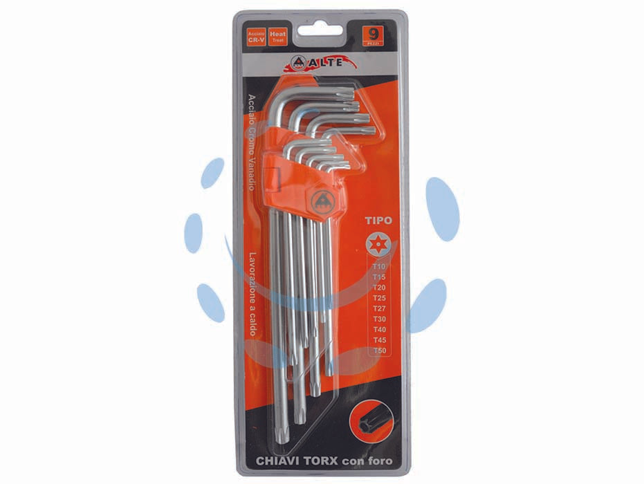 Chiavi maschio torx con foro tipo lungo cromo vanadio serie 9 pezzi - in serie da pz.9 con supporto, conf. in blister, misure: T10-T15-T20-T25-T27-T30-T40-T45-T50 in acciaio cromo vanadio