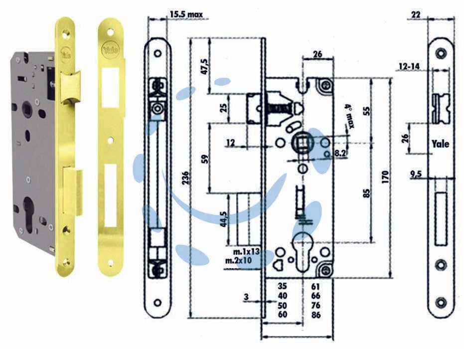 Serratura da infilare a cilindro bordo tondo 52x - mm.35 - 1 mandata (Y5262035) - scatola in acciaio verniciato con fori passanti a norma DIN per l'applicazione di rosette di sicurezza, frontale e contropias...