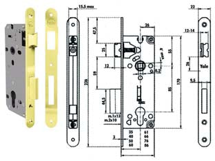 Serratura da infilare a cilindro bordo tondo 52x - mm.40 - 2 mandate (Y52X1040) - scatola in acciaio verniciato con fori passanti a norma DIN per l'applicazione di rosette di sicurezza, frontale e contropias...