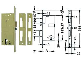 Elettroserratura da infilare a cilindro 5810 - mm.40 (Y5810040) - scatola in acciaio verniciato, frontale e contropiastra in acciaio verniciato, catenaccio 2 mandate con scrocco separato reve...