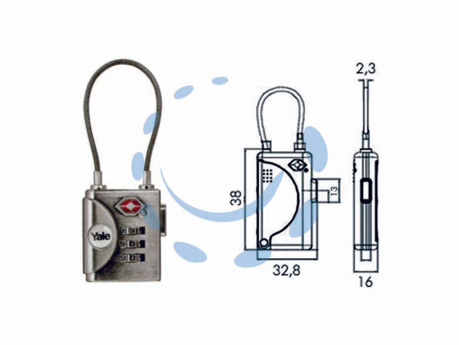 Lucchetto ad arco a cavo a combinazione con dispositivo tsa tp3 - mm.32 (YTP3/32/350/1) - corpo monoblocco massiccio in ottone protetto con vernice trasparente con spigoli arrotondati, arco in acciaio cementato e cr...