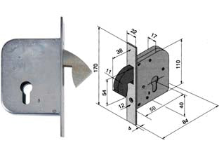 Serratura per porte e cancelli scorrevoli a gancio rientrante 068 - mm.50 (06850000) - scatola e frontale in acciaio zincato, catenaccio a gancio rientrante, funzionante con cilindro sagomato tipo europeo non com...