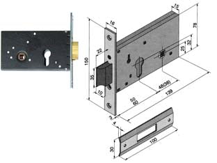 Serratura da infilare per fasce catenaccio e scrocco mm.78 h 121 - mm.50 (12150010) - per montante a fascia, scatola in acciaio zincato bianco, frontale ed incontro da mm.16 in acciaio zincato bianco, incontro m...