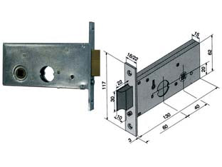 Serratura da infilare per fasce catenaccio e scrocco mm.62 h 123 - mm.60 (12360010) - per montante a fascia, scatola in acciaio zincato, frontale ed incontro da mm.16 in acciaio zincato, incontro mm.30x100, cate...