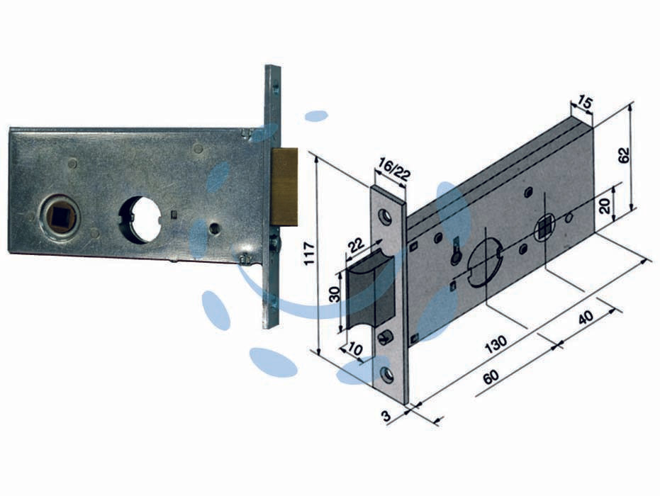 Serratura da infilare per fasce catenaccio e scrocco mm.62 h 123 - mm.60 (12360010) - per montante a fascia, scatola in acciaio zincato, frontale ed incontro da mm.16 in acciaio zincato, incontro mm.30x100, cate...