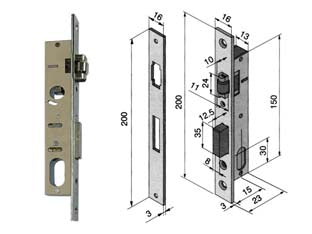 Serratura da infilare per montanti catenaccio e rullo 110 - mm.15 (11015010) - per montante, scatola in acciaio nichelato, frontale ed incontro da mm.16x3x200h. in acciaio nichelato, catenaccio 1 mandata ...