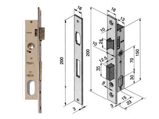 Serratura da infilare per montanti catenaccio e scrocco 111 - mm.15 (11115010) - per montante, scatola in acciaio nichelato, frontale ed incontro da mm.16x3x200h. in acciaio nichelato, catenaccio 1 mandata ...