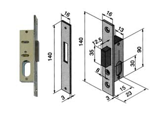 Serratura da infilare per montanti solo catenaccio 112 - mm.15 (11215010) - per montante, scatola in acciaio nichelato, frontale ed incontro da mm.15x3x140h. in acciaio nichelato, catenaccio 1 mandata ...