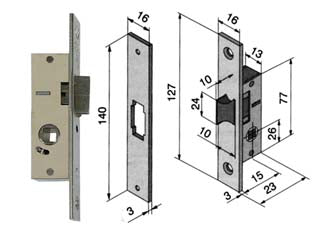 Serratura da infilare per montanti solo scrocco 113 - mm.15 (11315010) - per montante, scatola in acciaio nichelato, frontale ed incontro da mm.16x3x140h. in acciaio nichelato, scrocco in ottone con...