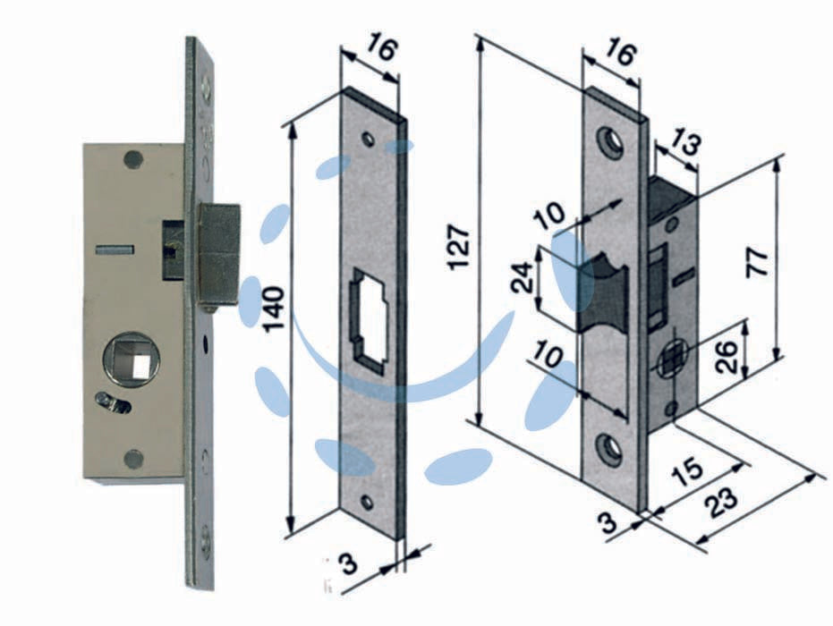 Serratura da infilare per montanti solo scrocco 113 - mm.15 (11315010) - per montante, scatola in acciaio nichelato, frontale ed incontro da mm.16x3x140h. in acciaio nichelato, scrocco in ottone con...