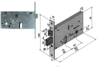 Serratura da infilare per fasce catenaccio e scrocco mm.78 h 136 - mm.70 (13670010) - per montante a fascia alta, scatola in acciaio zincato bianco, frontale da mm.16x3x160h. catenaccio 3 mandate con scrocco sep...