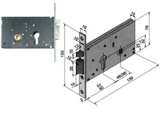 Elettroserratura da infilare per fasce mm.78 h 302 - mm.50 (30250010) - scatola e frontale in acciaio zincato, frontale da mm.16, scrocchi reversibili in ottone, con quadro maniglia da mm.8 passant...