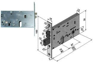 Elettroserratura da infilare per fasce mm.78 h 306 - mm.70 (30670010) - scatola e frontale in acciaio zincato, frontale da mm.16, catenaccio a 3 mandate e scrocchi reversibili in ottone + riporto, ...