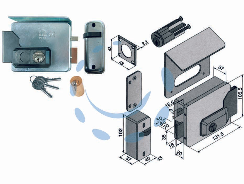 Elettroserratura per cancelli con tetto 331 - mm.50 DX (33150501) - scatola e bocchetta in acciaio zincato, tensione 12v AC, scrocco autobloccante, apertura dall’interno con chiave, cilindro fi...