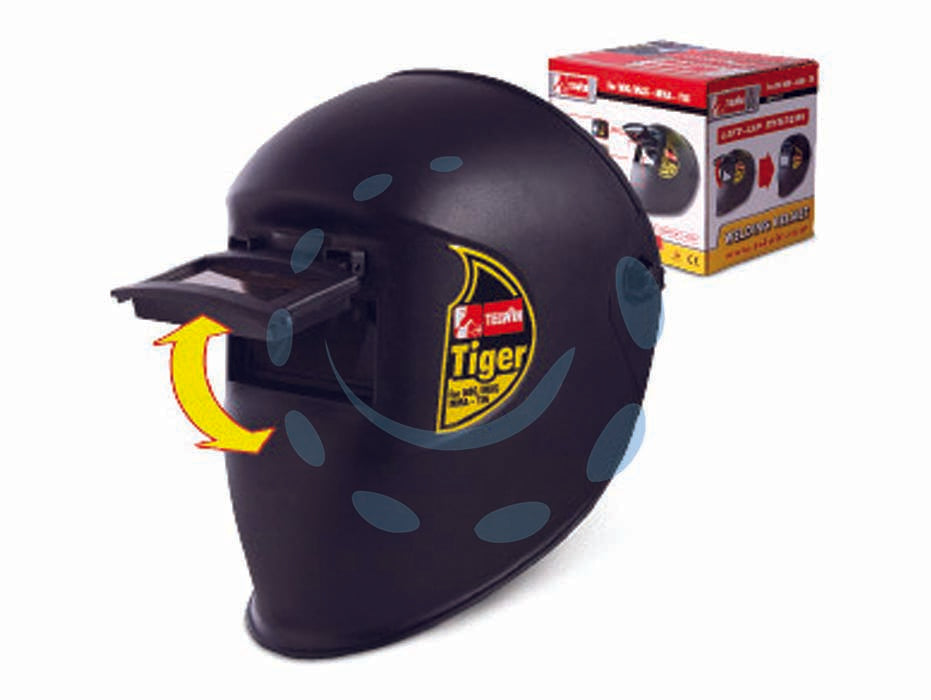 Maschera professionale tiger c/1 vetro inattinico+1 vetro trasparente - vetro 51 x 107 - maschera caschetto adatta alla saldatura MMA, MIG-MAG e TIG, nelle operazioni di saldatura è sufficiente abbassare la finestr...