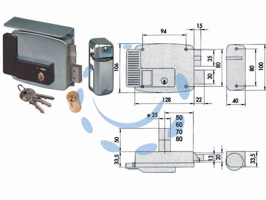 Elettroserratura per cancelli con tetto 2 mandate 11761 - mm.50 SX (11761502) - scatola e bocchetta in acciaio con rivestimento in zinco, tensione 12v AC, scrocco autobloccante, catenaccio 2 mandate manual...