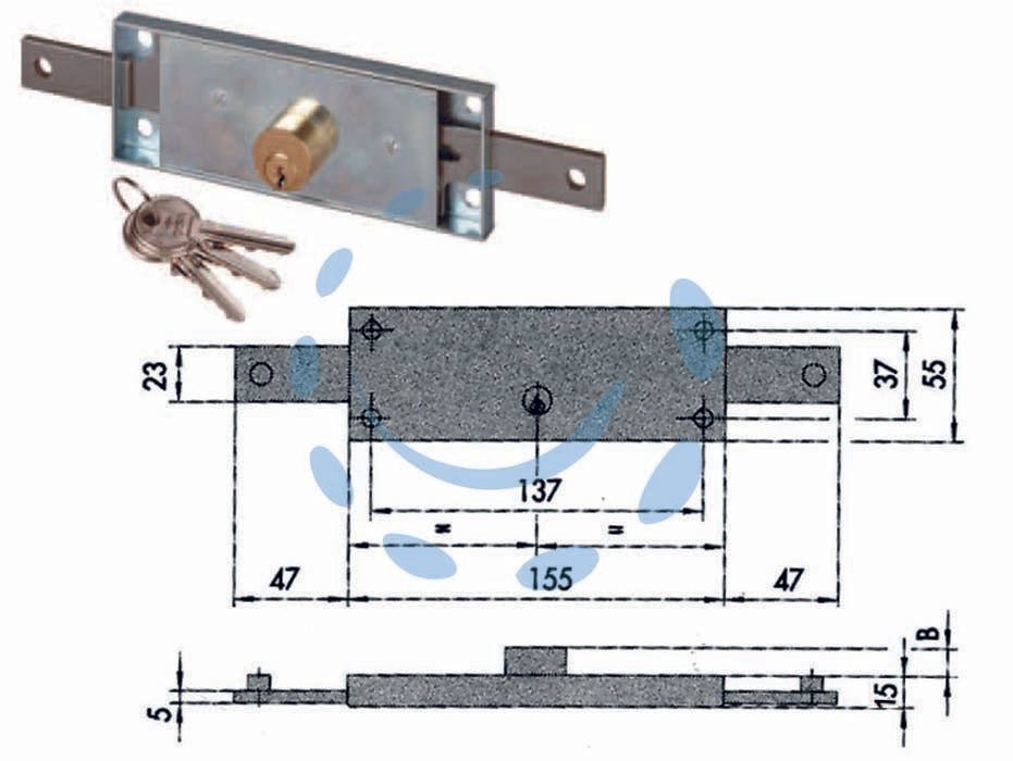 Serratura serranda centrale cilindro fisso tondo 41510 - mm.155x15x55h. (41510780) - per serranda, scatola in acciaio con rivestimento in zinco, cilindro fisso, lunghezza mm.5,5 in ottone, catenacci a 2 mandate...