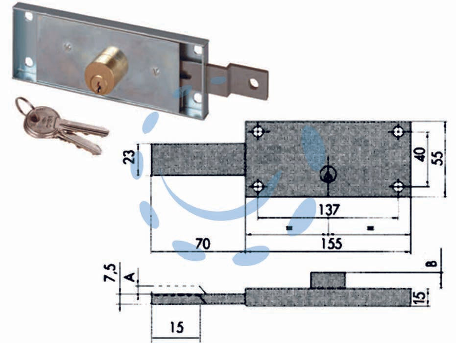 Serratura serranda laterale cilindro fisso tondo 41525 - DX mm.155x15x55h. (41525781) - per serranda, scatola in acciaio con rivestimento in zinco, cilindro fisso, lunghezza mm.5,5 in ottone, catenaccio zancato, 2...