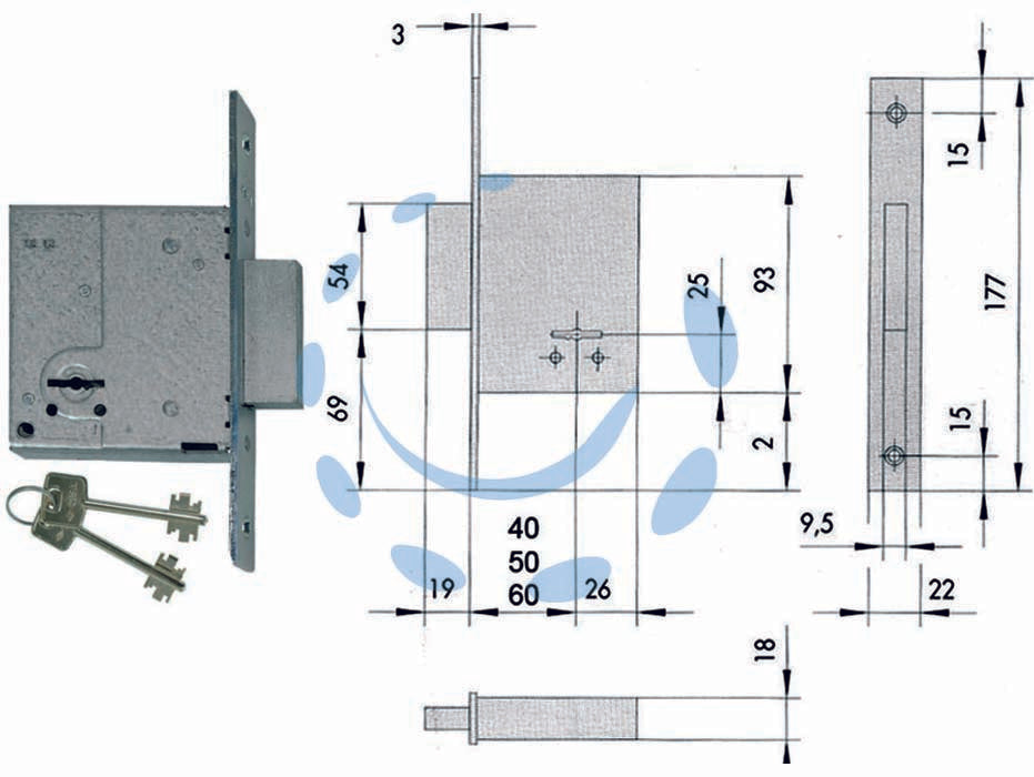 Serratura da infilare doppia mappa 57223 - mm.40 piastra mm.22x175h. (57223400) - per porta in ferro, scatola e frontale in acciaio con rivestimento in zinco, catenaccio in acciaio nichelato, 2 mandate, dota...