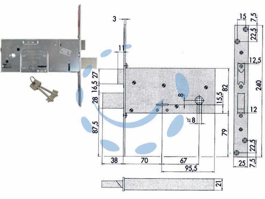 Serratura da infilare per fasce doppia mappa mm.82 h 57313 - mm.70 (57313730) - scatola e frontale in acciaio con rivestimento in zinco, catenaccio e scrocco in acciaio con rivestimento in zinco, 4 mandate...