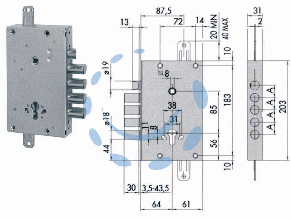 Serratura triplice applicare con scrocco cil. europeo blindate 56515 - mm.64 DX/SX (56515480) - scatola in acciaio con rivestimento in zinco, dispositivo di azionamento tramite sistema ad ingranaggi che riduce lo sforzo s...