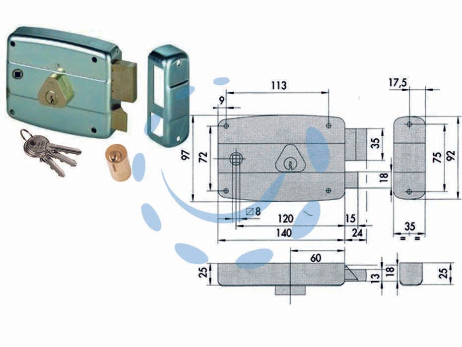 Serratura portoncino quadro catenaccio e scrocco cilindro fisso 50571 - mm.60 DX (50571601) - scatola e bocchetta senza aletta di fissaggio in acciaio con rivestimento in zinco, catenaccio 2 mandate con scrocco separato...