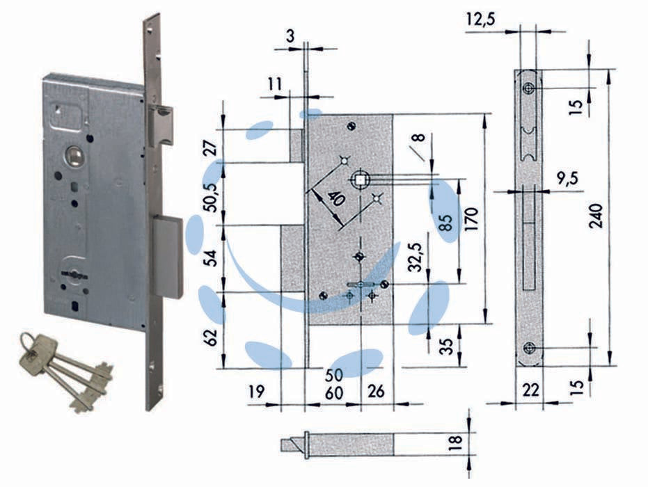 Serratura da infilare doppia mappa con scrocco 57211 - mm.50 (57211500) - scatola in acciaio con rivestimento in zinco, frontale e contropiastra in acciaio nichelato, 2 mandate, catenaccio in acciaio...