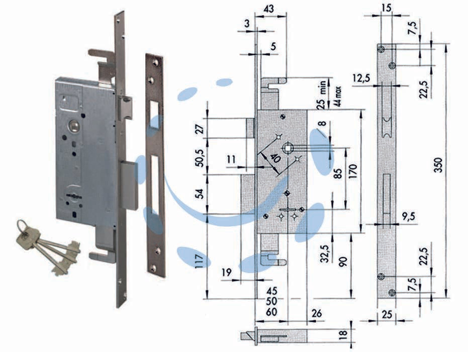 Serratura triplice da infilare doppia mappa con scrocco 57215 - mm.50 (57215500) - scatola in acciaio con rivestimento in zinco, frontale in acciaio nichelato, 2 mandate, catenaccio in acciaio nichelato, scro...