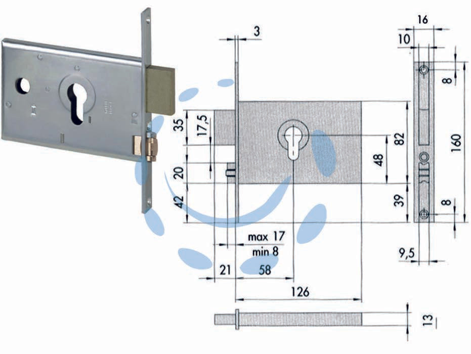 Serratura da infilare per fasce catenaccio e rullo mm.82 h 44130 - mm.58 (44130600) - scatola e frontale in acciaio con rivestimento in zinco, catenaccio a 2 mandate in ottone, rullo regolabile in ottone, funzio...