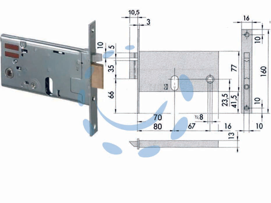 Elettroserratura da infilare per fasce mm.77 h 14450 - mm.70 (14450700) - scatola e frontale in acciaio con rivestimento in zinco, solo scrocco autobloccante in ottone, con quadro maniglia da mm.8 pa...