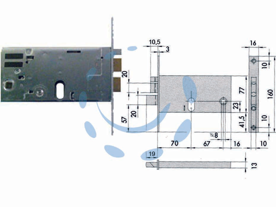 Elettroserratura da infilare per fasce mm.77 h 14460 - mm.70 (14460700) - scatola e frontale in acciaio con rivestimento in zinco, 2 mandate, catenaccio e scrocco separato in ottone, scrocco autobloc...