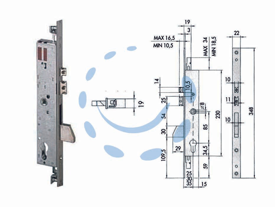 Elettroserratura triplice infilare per montanti quadro e scrocco 16225 - mm.30 (16225300) - scatola in acciaio con rivestimento in zinco, frontale in acciaio inox, catenaccio basculante in acciaio nichelato, scrocco e...