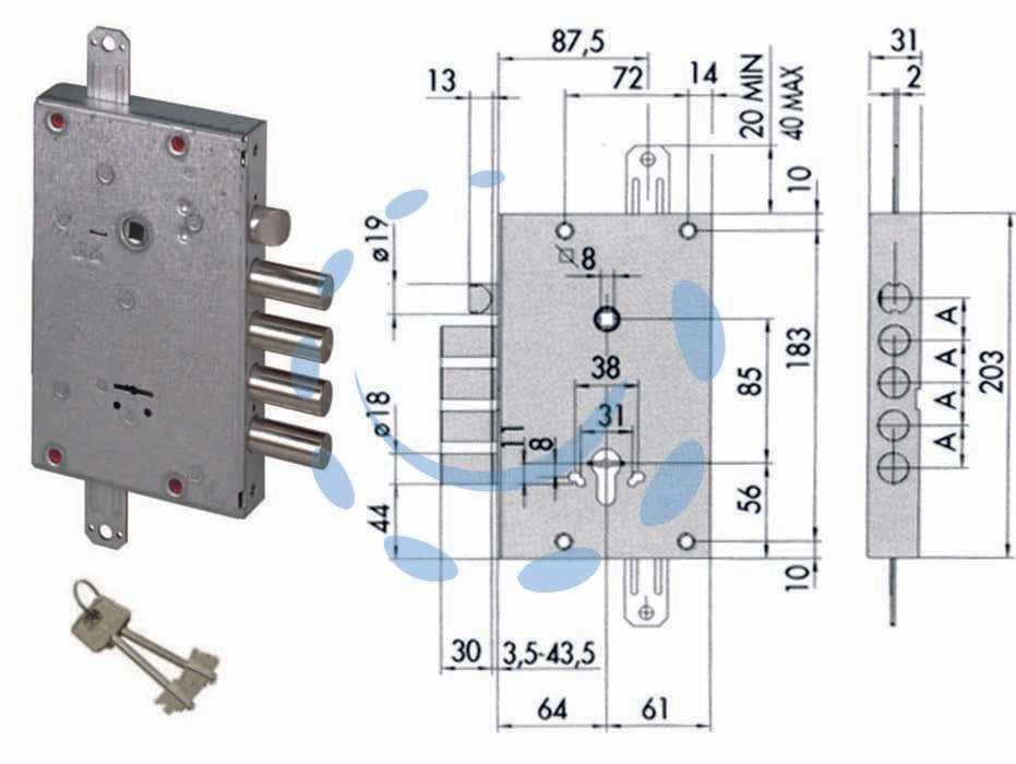 Serratura triplice applicare con scrocco doppia mappa blindate 57515 - mm.60 DX/SX (57515480) - scatola in acciaio con rivestimento in zinco, 4 mandate, catenacci e scrocco in acciaio nichelato, scrocco reversibile, quadr...