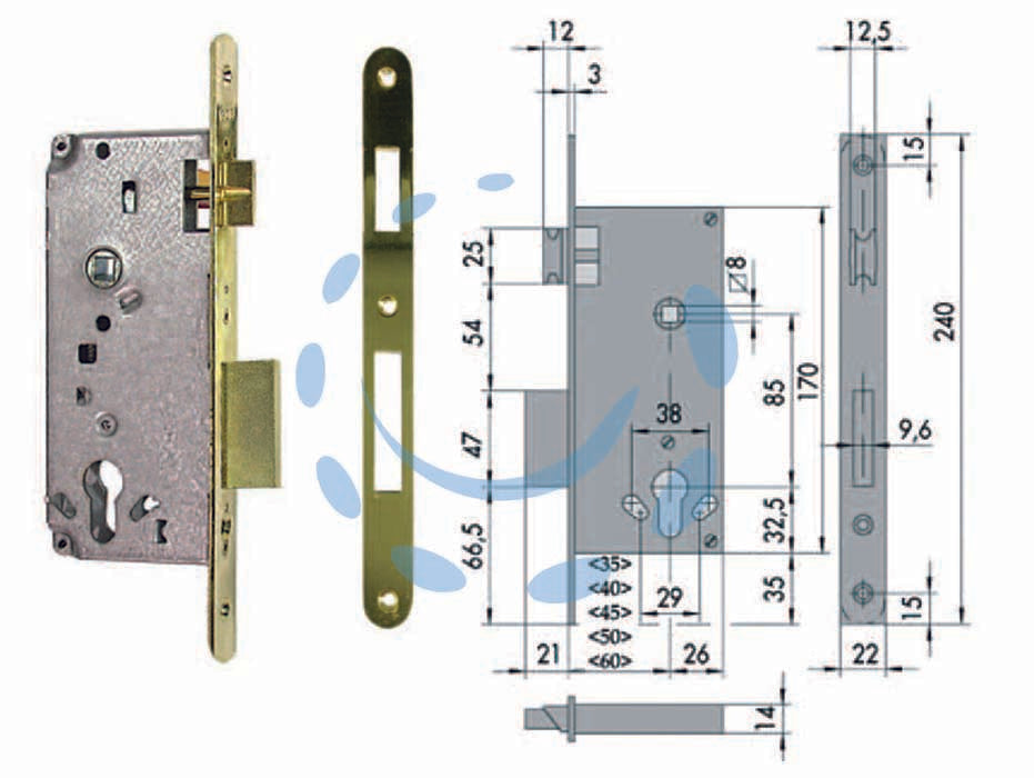 Serratura  a infilare logo bordo tondo 5c631 - mm.35 (5C631350) - scatola in acciaio con rivestimento in zinco, frontale e contropiastra con bordo tondo ottonati, catenaccio a 2 mandate e scr...