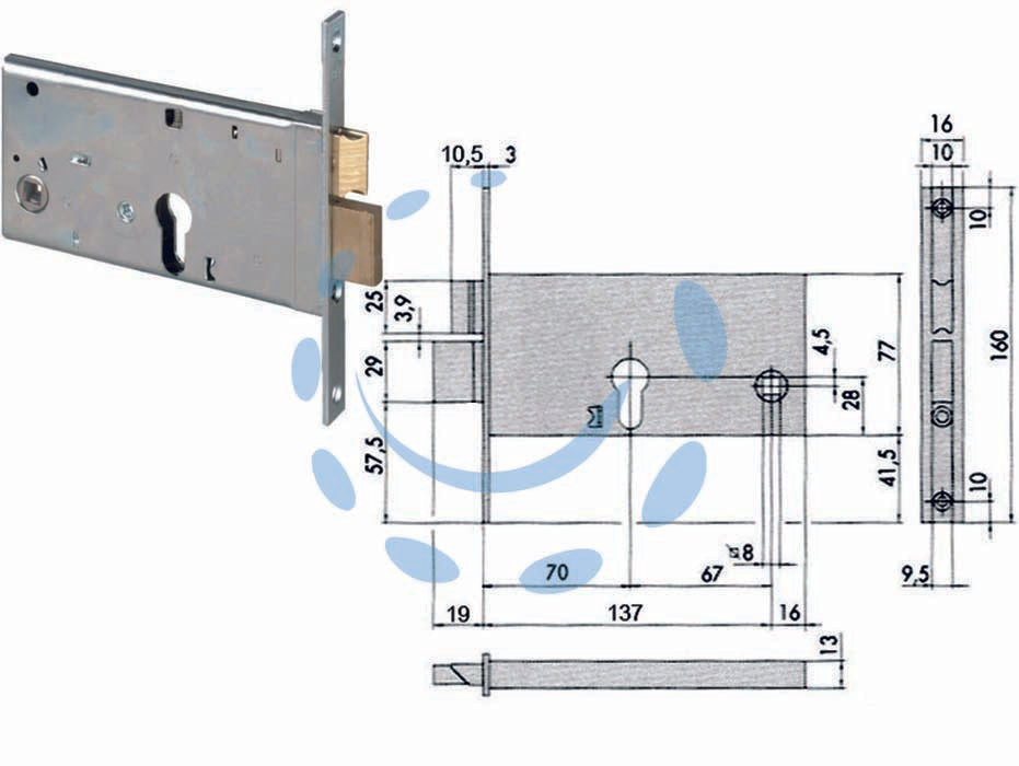 Serratura da infilare per fasce catenaccio e scrocco mm.77 h 44360 - mm.70 (44360700) - scatola e frontale in acciaio con rivestimento in zinco, 2 mandate, catenaccio e scrocco in ottone, con quadro maniglia da mm...